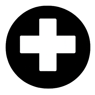 a black circular logo with a white cross in the center