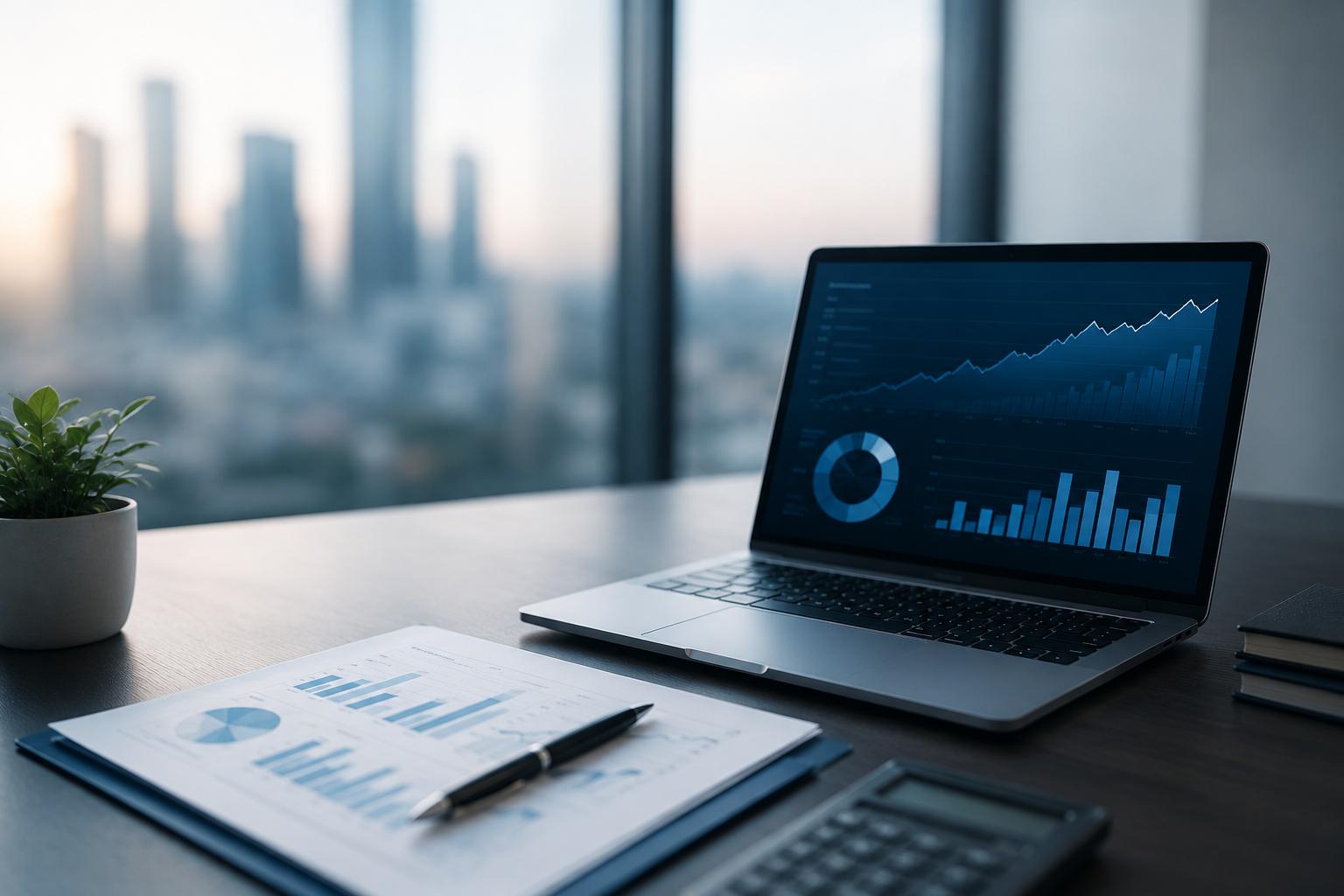 Office desk with a laptop displaying financial charts and graphs, a clipboard with printed charts and a pen, a calculator, a potted plant, and a window with a cityscape view in the background.