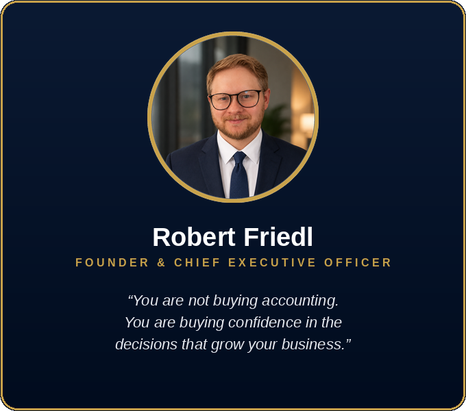 Portrait of Robert Friedl, founder and CEO, in a navy suit with glasses, smiling, on a dark background with gold accents, including a quote about confidence in business.