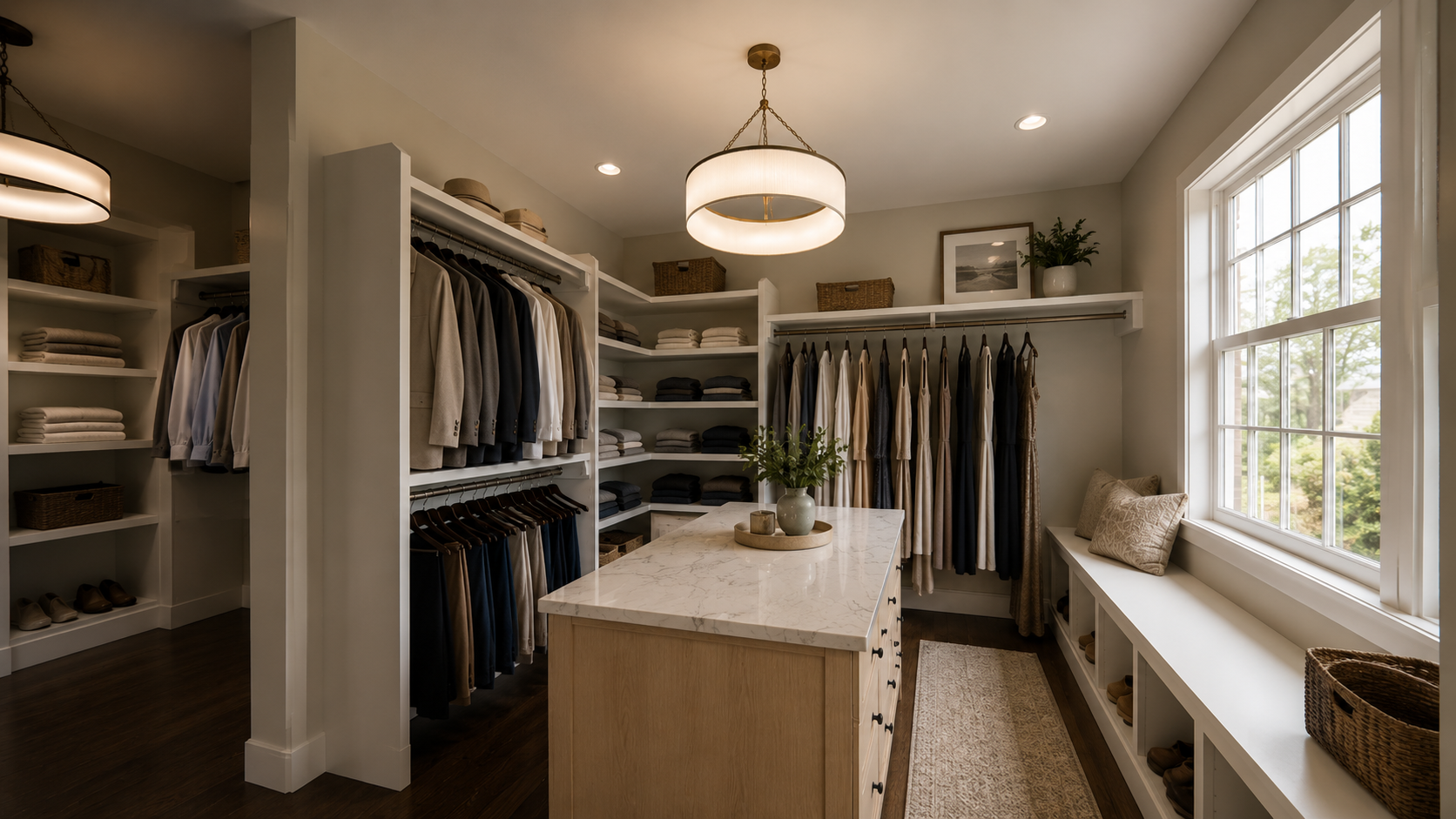 Walk-in closet with organized clothing racks, shelves with folded clothes, a marble-topped island, and a window seat with pillows.