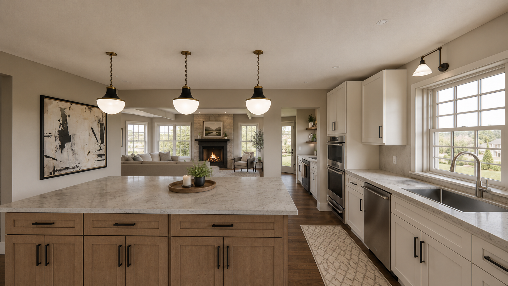 Modern kitchen with white cabinets, marble countertops, large window, and wooden island with pendant lights, overlooking a living room with fireplace and couch.