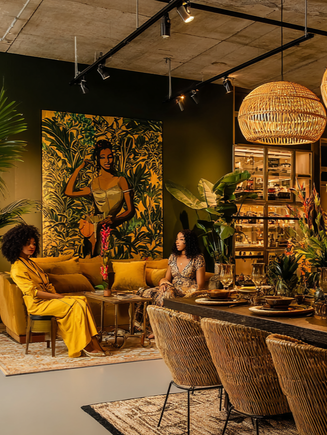 Two women with curly hair sit on a yellow sofa in a warmly lit room with modern decor, a large colorful painting of a woman in a jungle scene on the wall, and a dining area with rattan chairs, plants, and decorative items.