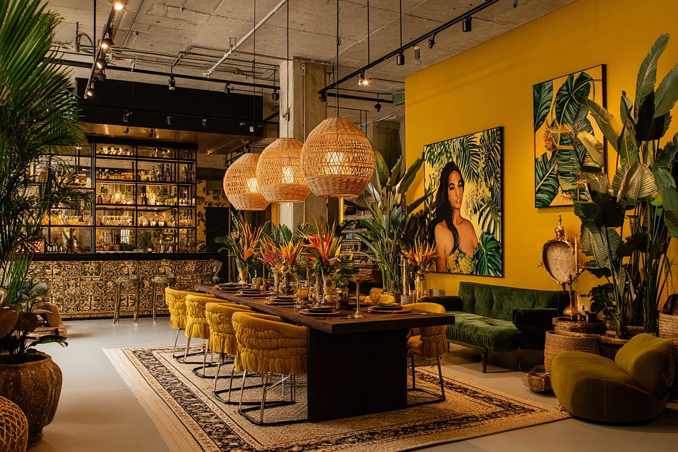 Interior of a stylish restaurant or cafe with green and yellow accents, tropical plants, artwork, dining table with yellow chairs, and woven pendant lights.