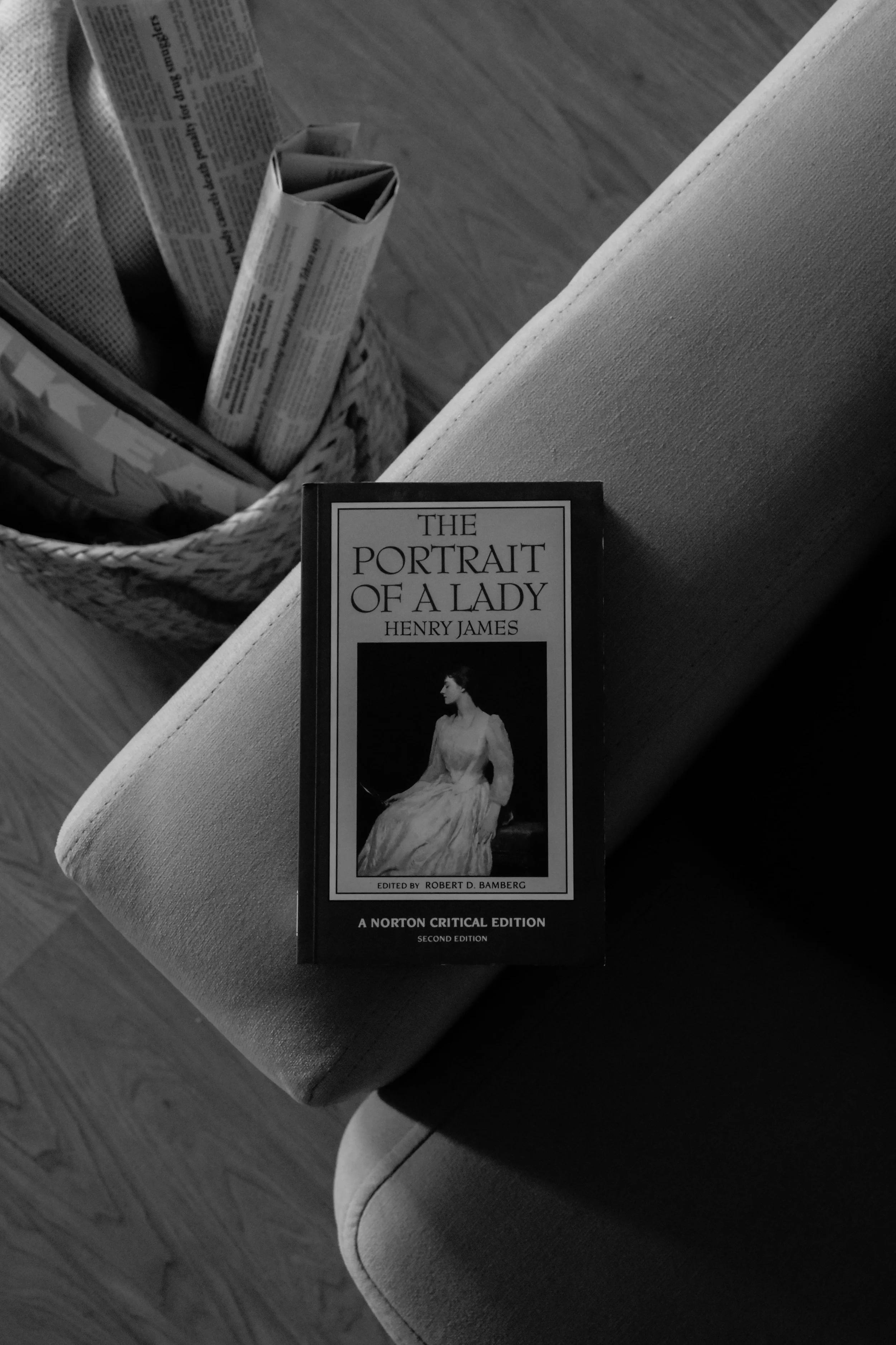A hardcover book titled "The Portrait of a Lady" by Henry James resting on a cushioned seat, with a small trash bin containing rolled-up newspapers in the background.