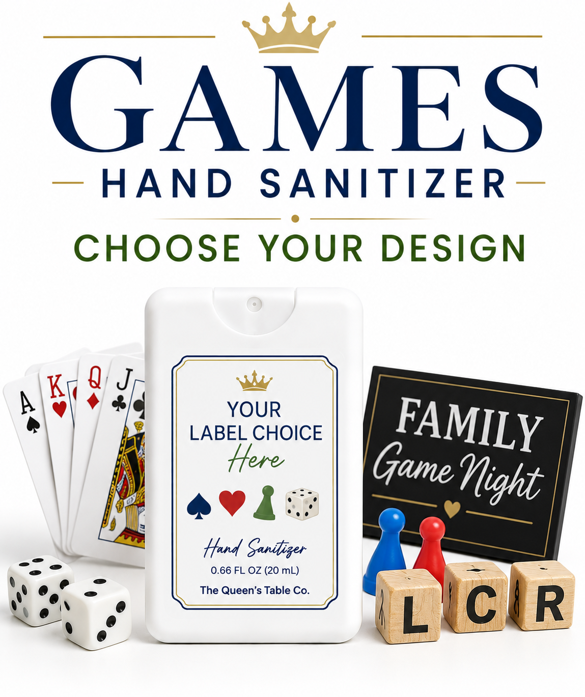 Poster advertising customizable hand sanitizer bottles with a family game night theme, featuring playing cards, dice, game pieces, and blocks with letters.