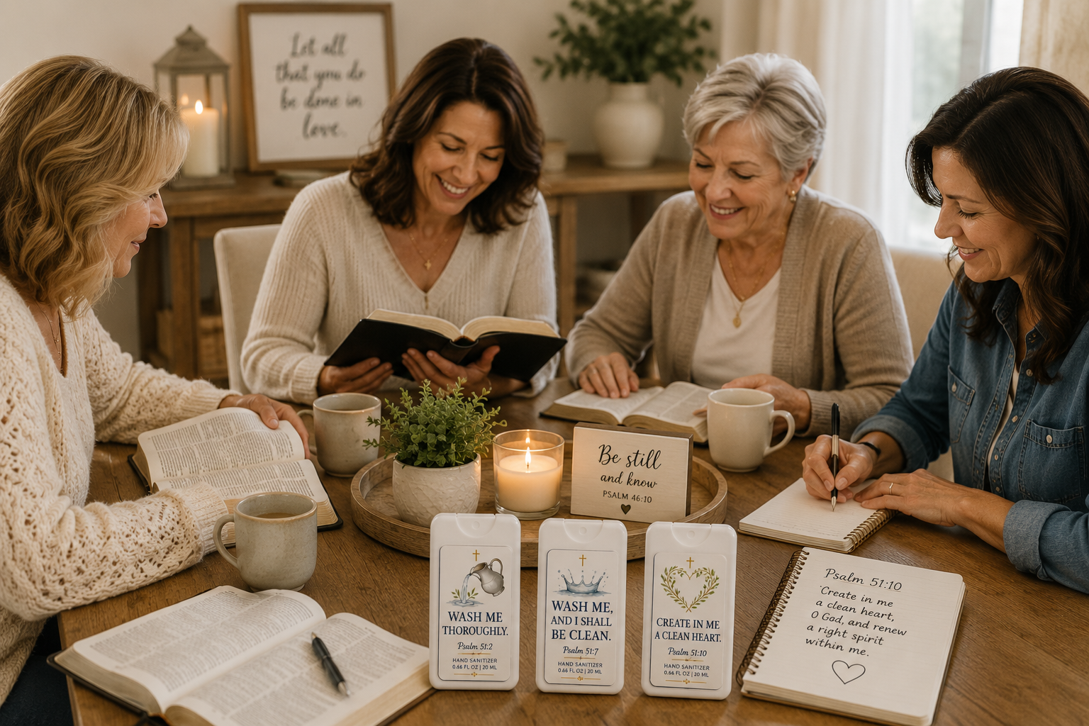 Five women gathered around a table reading and writing, with open Bible books, cups of coffee, a lit candle, a small plant, and religious-themed cards with Bible verses. The background has a framed sign and a plant.