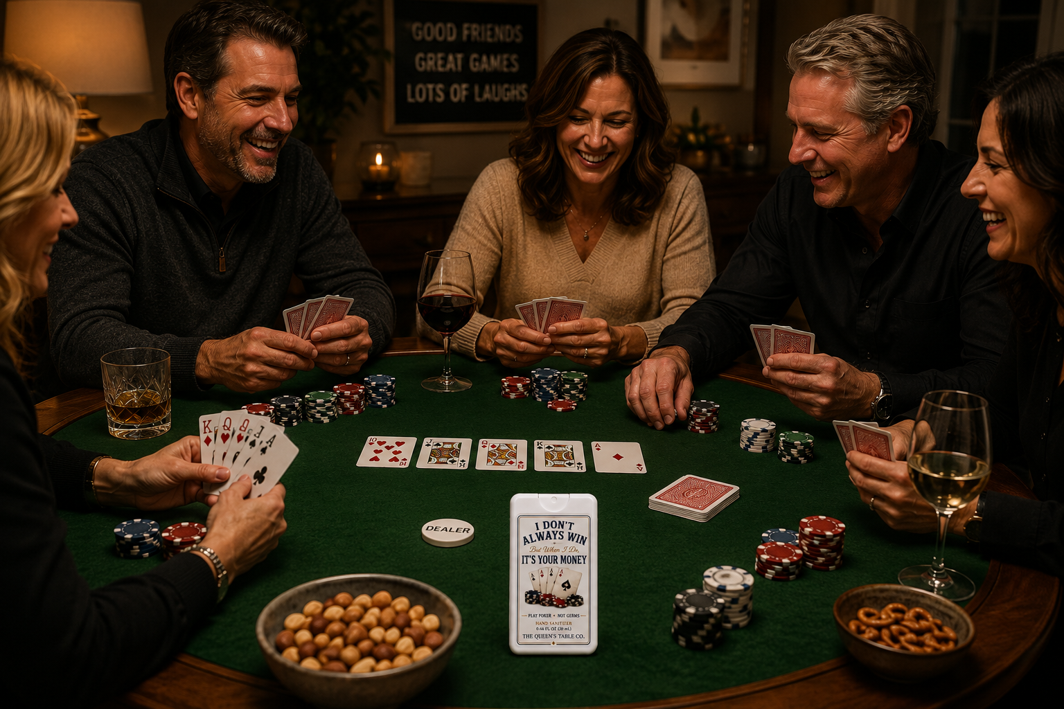 A group of six people playing poker around a green felt table with poker chips, cards, and snacks, smiling and enjoying each other's company.