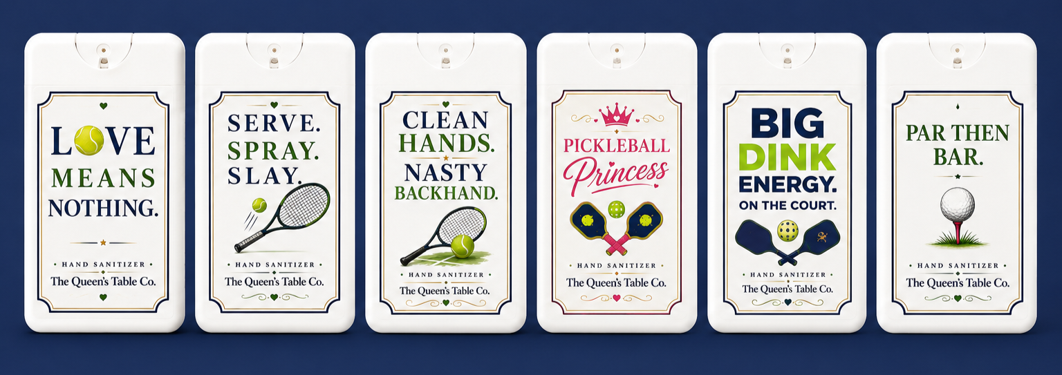 Six bottles of hand sanitizer with tennis-themed labels on a blue background.