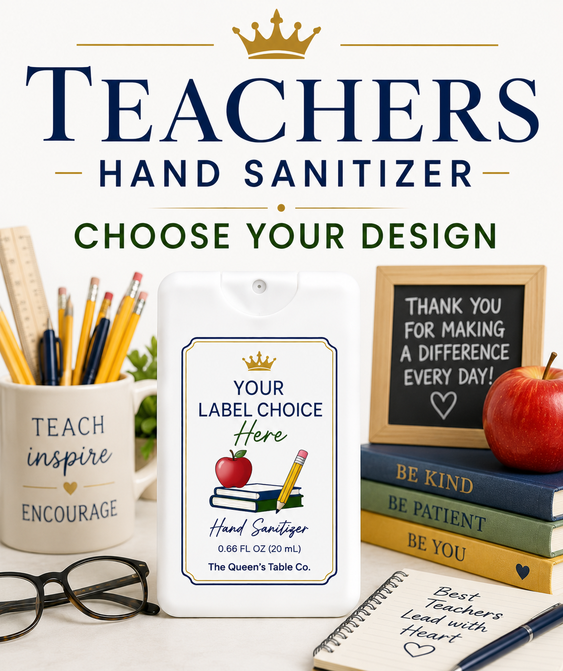 School-themed display with hand sanitizer, books, a chalkboard, an apple, and motivational quotes about teaching and kindness.
