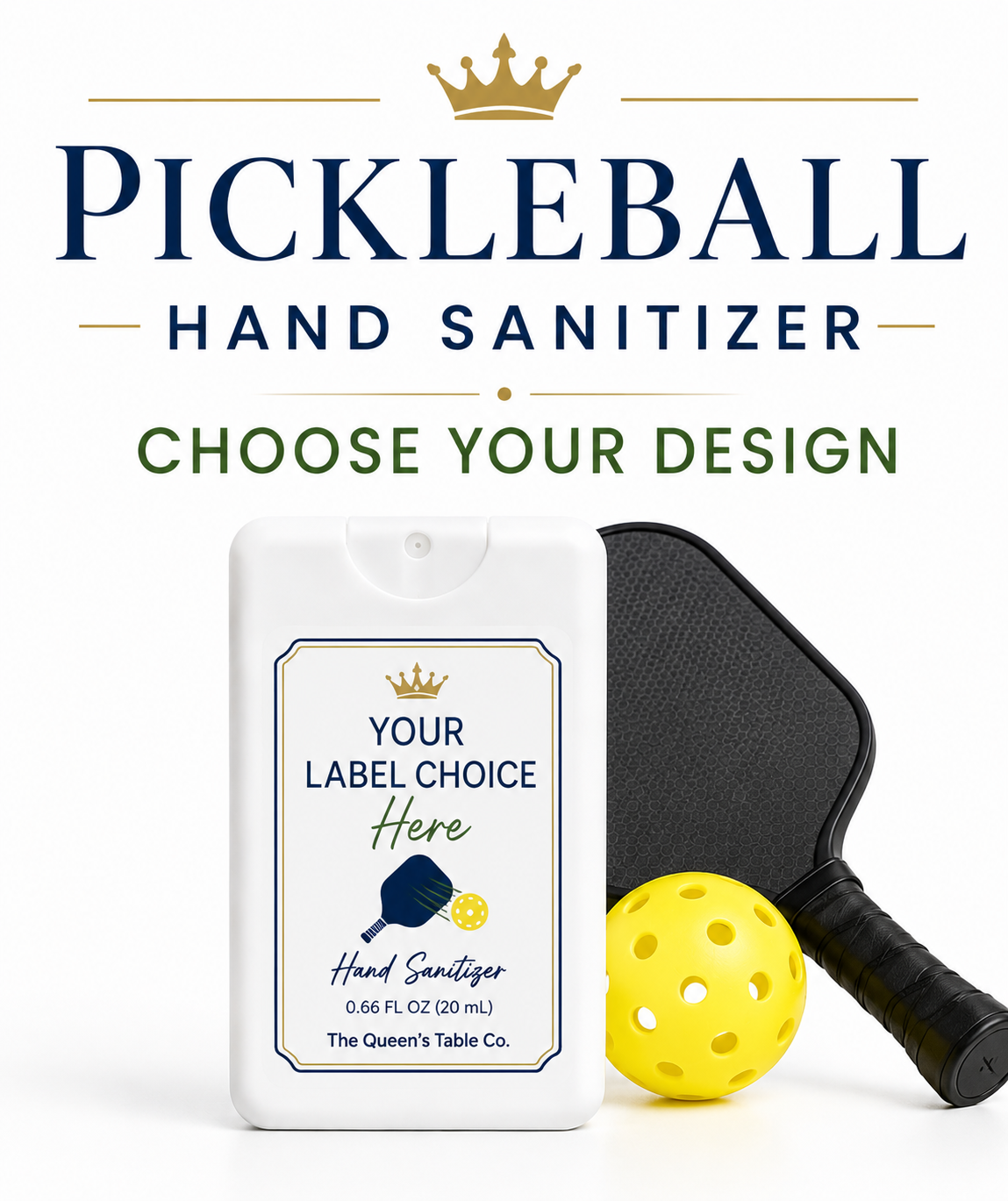 Promotional image for Pickleball hand sanitizer with customizable label, showing a white sanitizer bottle, a pickleball paddle, and a yellow pickleball sports ball.