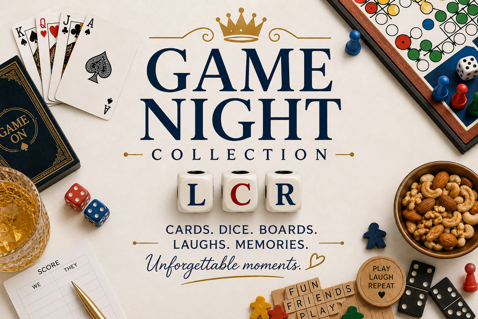 Table set for game night with playing cards, dice, board games, a bowl of nuts, a glass of whiskey, score sheet, and game tokens.