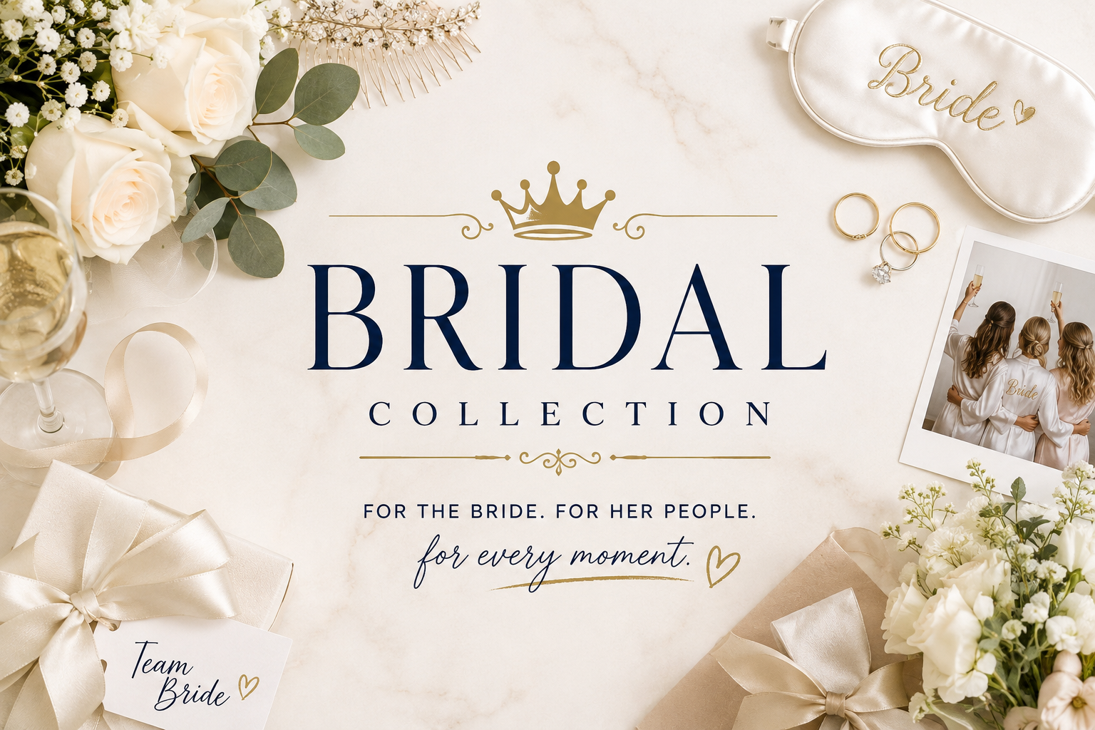 Bridal collection promotional display with flowers, rings, a photo of bridesmaids, a sleep mask with 'Bride' embroidered, a champagne glass, and wedding accessories in a soft color palette.