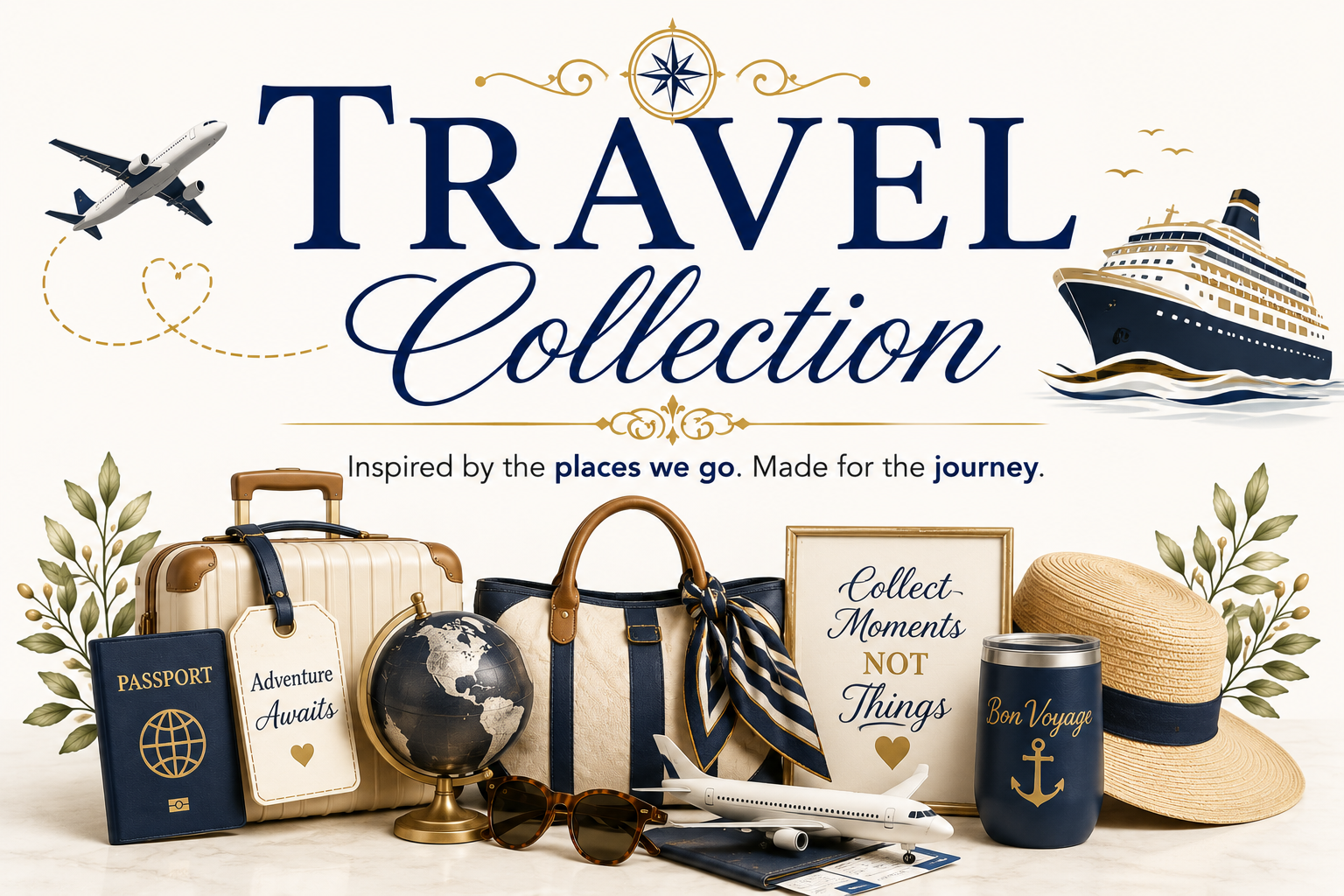 Travel collection with a suitcase, passport, globe, sunglasses, airplane model, framed quote, hat, travel mug, and decorative plant, inspired by travel adventures.