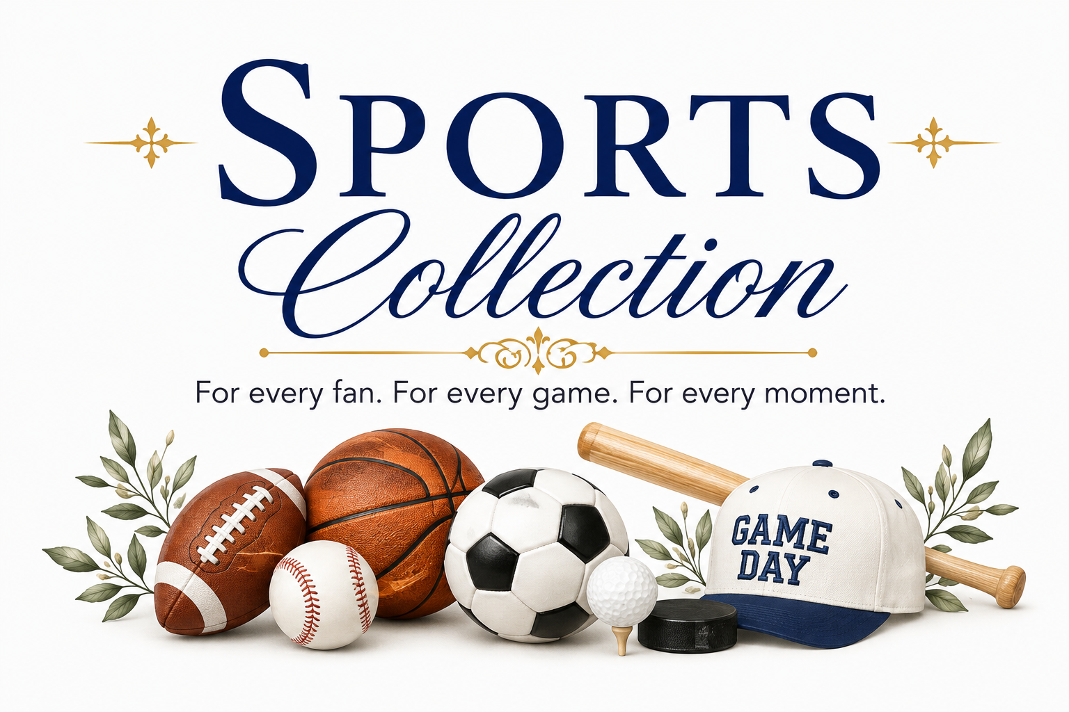 Collection of sports equipment including a football, basketball, baseball, soccer ball, golf ball, hockey puck, baseball cap with 'Game Day' written on it, and a baseball bat, arranged with green leaves behind them, with a white background and the text "Sports Collection" and "For every fan. For every game. For every moment."