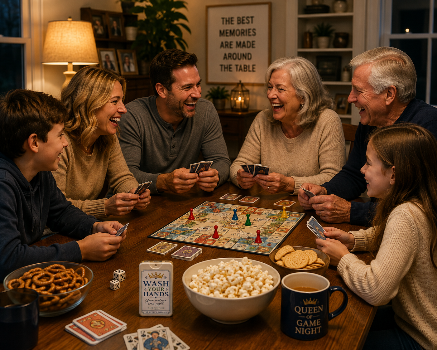 Family playing a game of Scrabble around a dining table with snacks and drinks, smiling and laughing.
