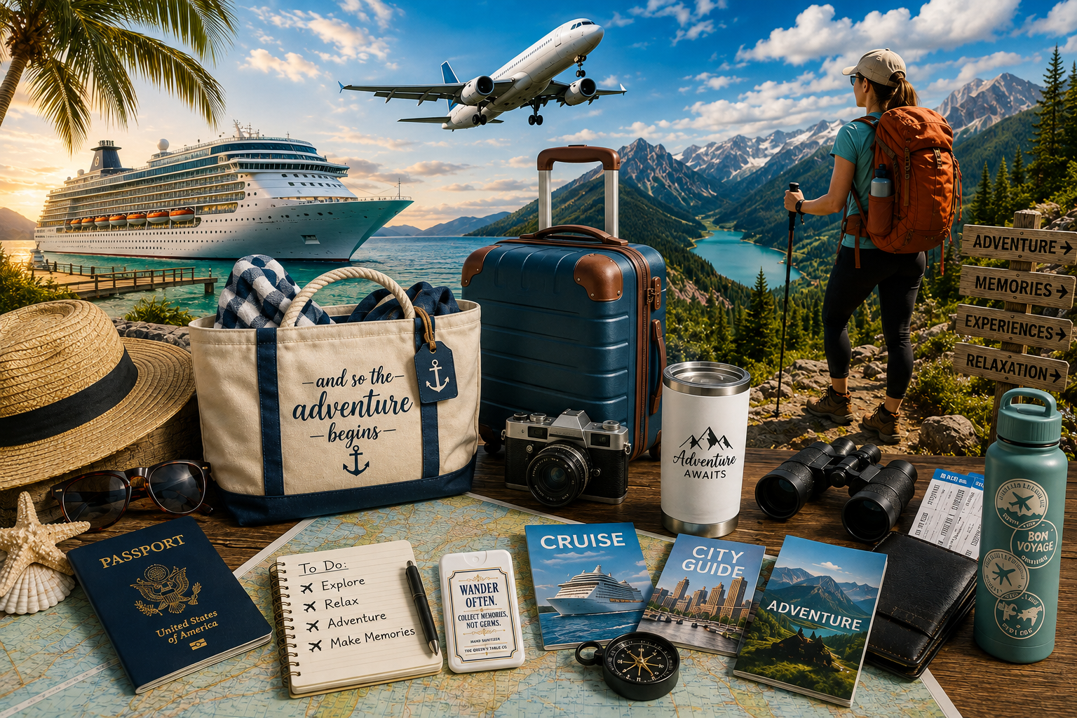 A woman with a backpack and hiking gear standing on a mountain trail overlooking a lake with mountains in the background. In the foreground, travel essentials including a passport, sunglasses, a straw hat, a tote bag that says 'and so the adventure begins,' a blue carry-on suitcase, a camera, binoculars, a water bottle, and travel brochures.