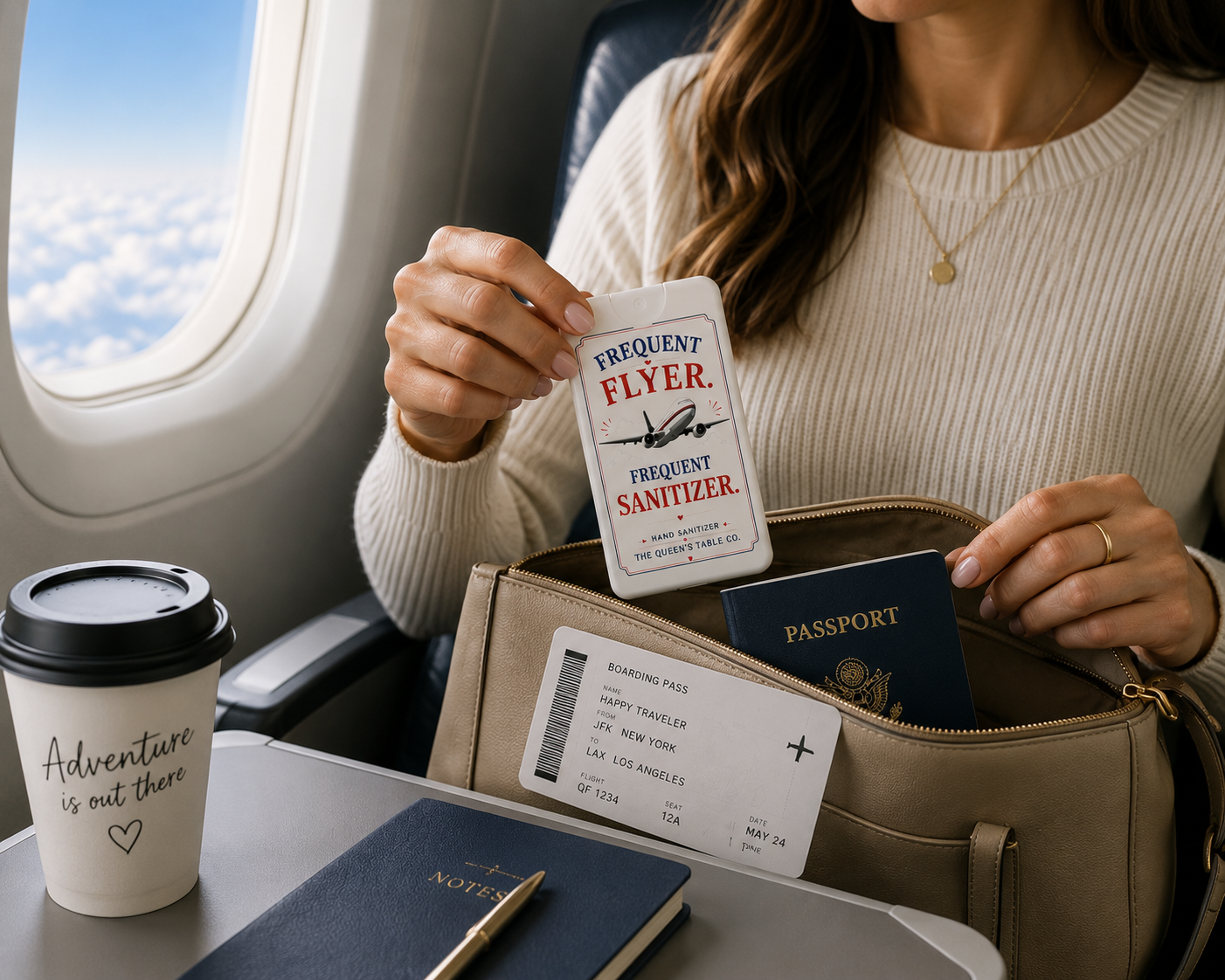 A woman on an airplane holding hand sanitizer labeled 'Frequent Flyer. Frequent Sanitizer.' next to her passport and boarding pass. Items include a coffee cup with 'Adventure is out there' written on it, a navy notebook, and a pen on the tray table.