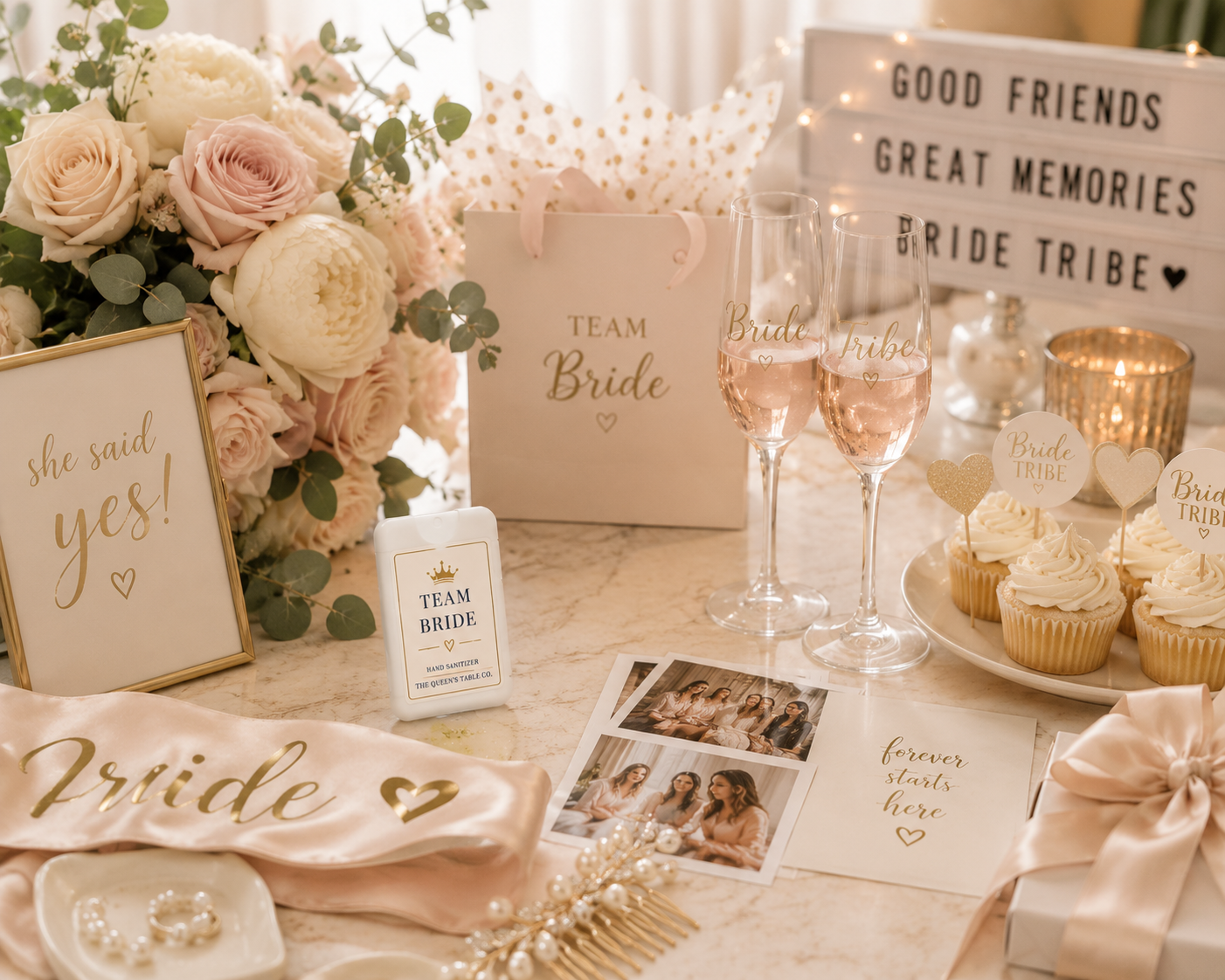 Wedding celebration setup with pink roses and peonies, cupcakes with 'Bride Tribe' toppers, two glasses of rosé wine, a sign that reads 'she said yes!', a card that says 'Team Bride', a lightbox decor with 'Good Friends, Great Memories, Bride Tribe', and a sash with 'Bride' written in gold.