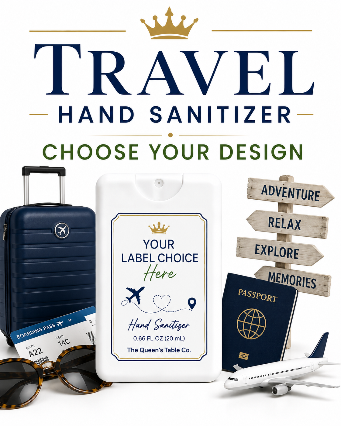 Travel hand sanitizer product with customizable label, suitcase, sunglasses, boarding pass, airplane, wooden directional signs with words 'adventure,' 'relax,' 'explore,' 'memories,' and a passport.