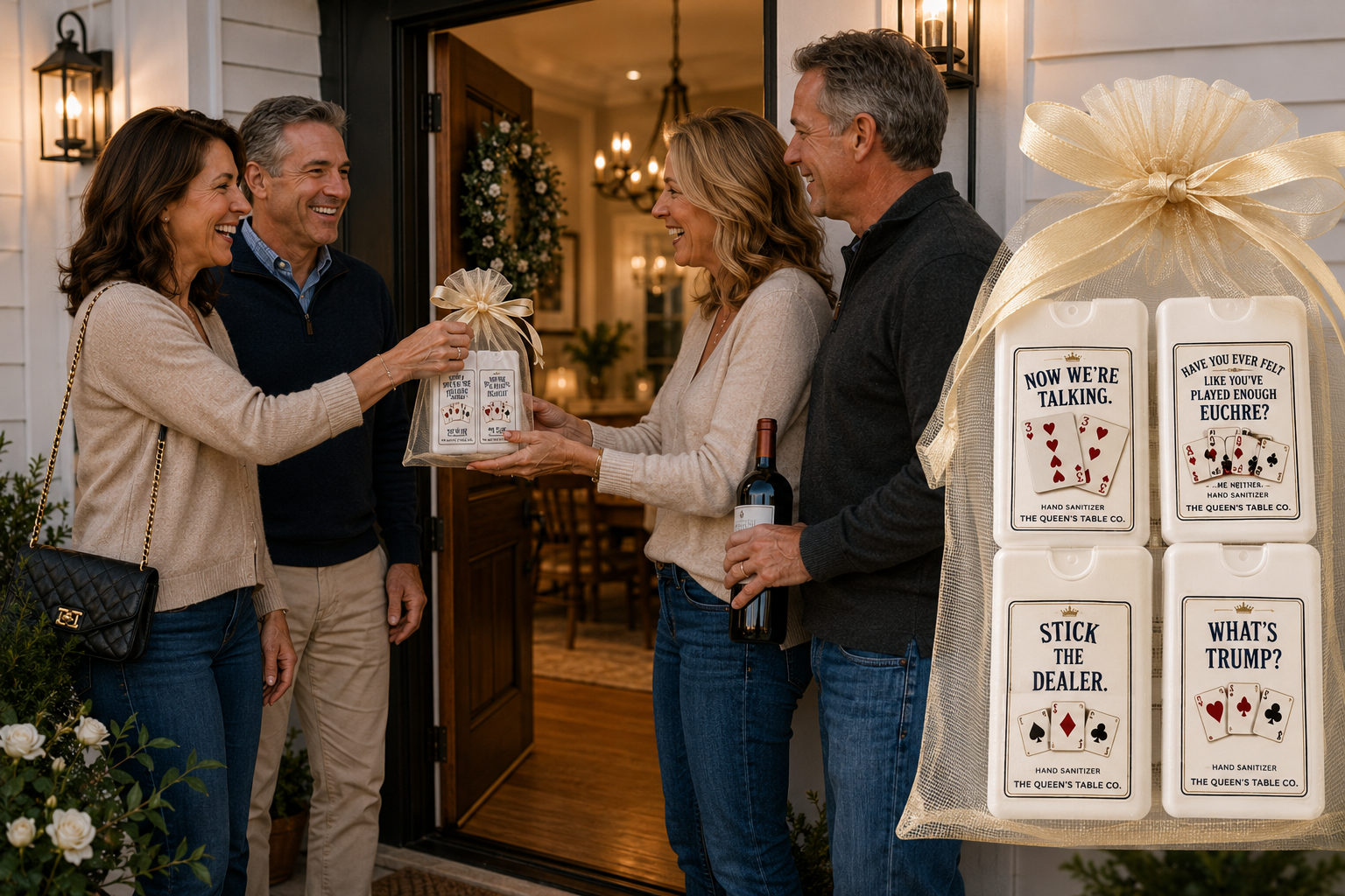 A group of five adults exchanging gifts outside a house decorated with a floral wreath, with a display of hand sanitizer boxes with humorous labels on the right.
