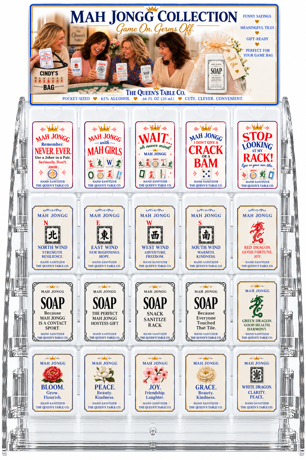 A collection of themed hand sanitizers and towel packs inspired by the TV show Mah Jongg, displayed in a clear acrylic case with decorative cards. The theme includes sayings, tiles, and symbols related to Mah Jongg, with slogans and designs incorporating a playful and lively aesthetic.
