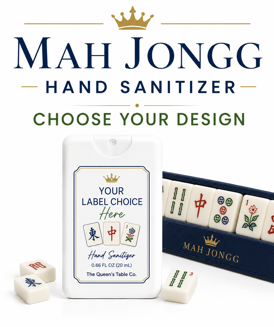 A mahjong-themed hand sanitizer bottle and box with mahjong tiles. The sanitizer bottle says 'Your Label Choice Here' and is labeled 'Hand Sanitizer 0.66 FL OZ (20 mL)'. The box features the Mah Jongg logo and design options.