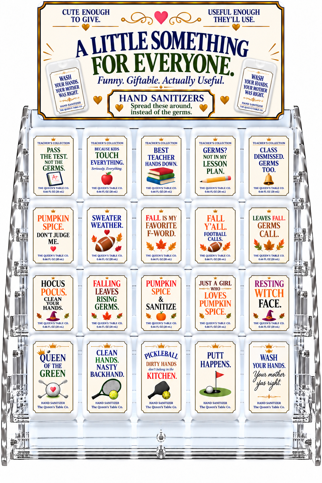 A display of mini hand sanitizers with humorous and seasonal labels, arranged in four rows, promoting hand hygiene with fall and Halloween themed sayings and graphics.