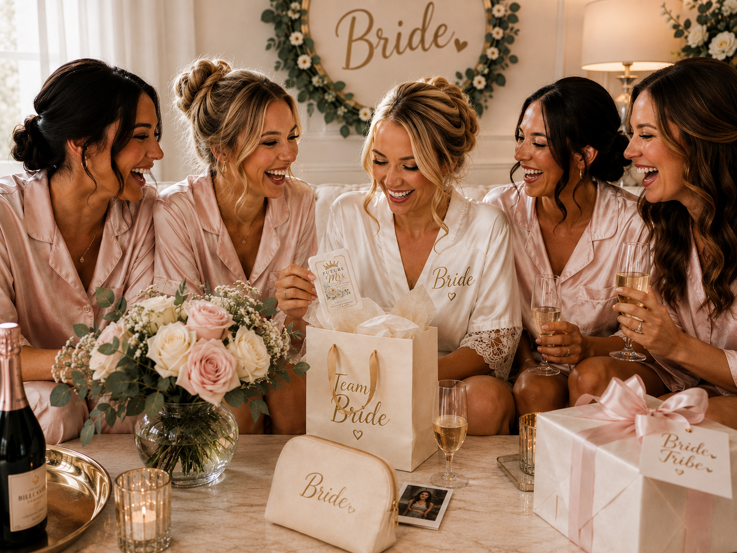 A bride and her bridesmaids celebrating on a wedding day. The bride is opening a gift with a 'Future Mrs.' tag while the bridesmaids cheer her on. They are all dressed in pink satin robes, sitting around a table with flowers, champagne, and gifts, in a decorated room with a 'Bride' sign on the wall.