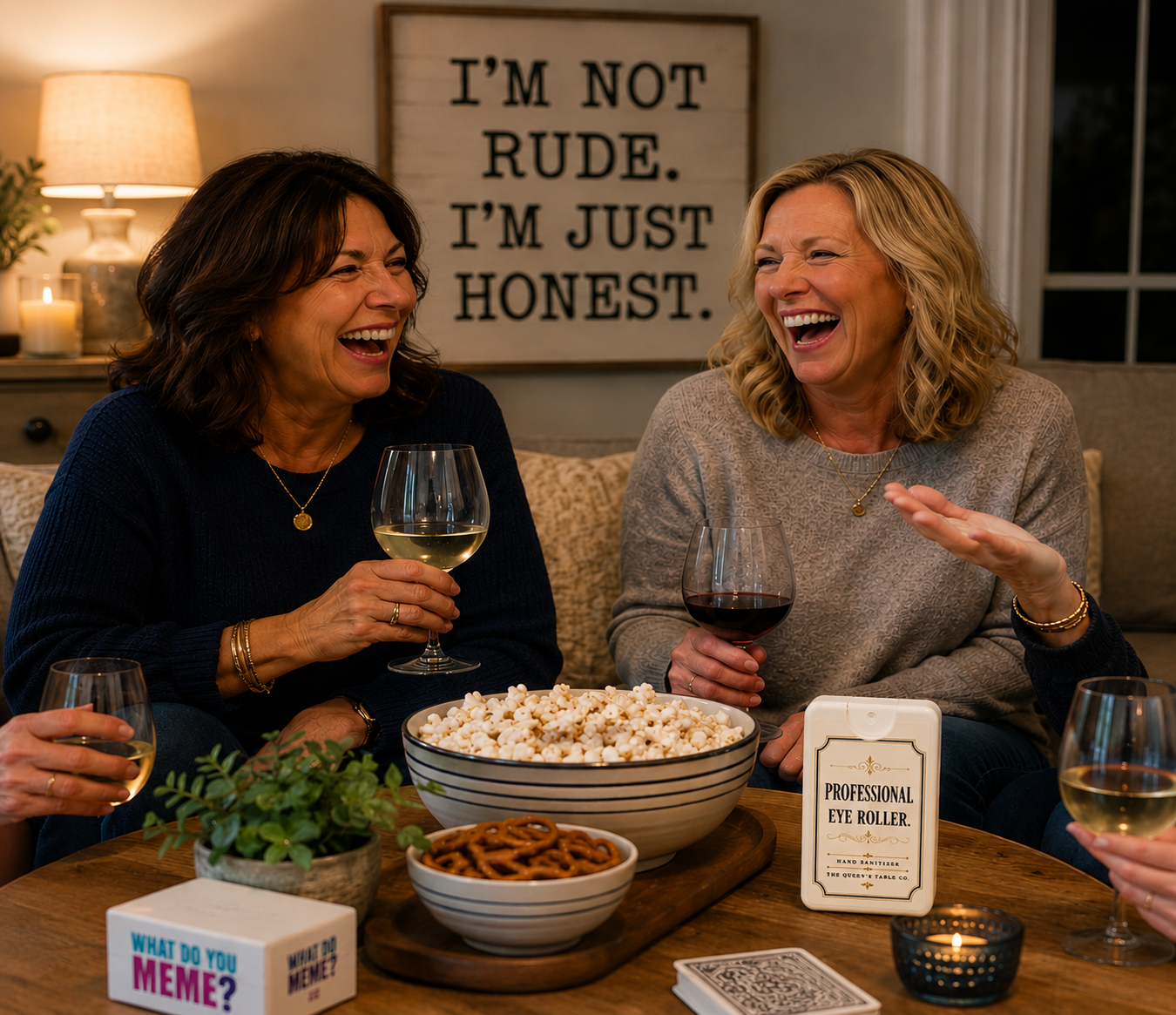 Two women laughing and enjoying drinks while sitting at a table with snacks, including popcorn and pretzels. The table also has a plant, a card labeled 'Professional Eye Roller,' a small candle, and a box labeled 'What Do You Meme?'. In the background, there is a sign that says, 'I'm not rude. I'm just honest.'
