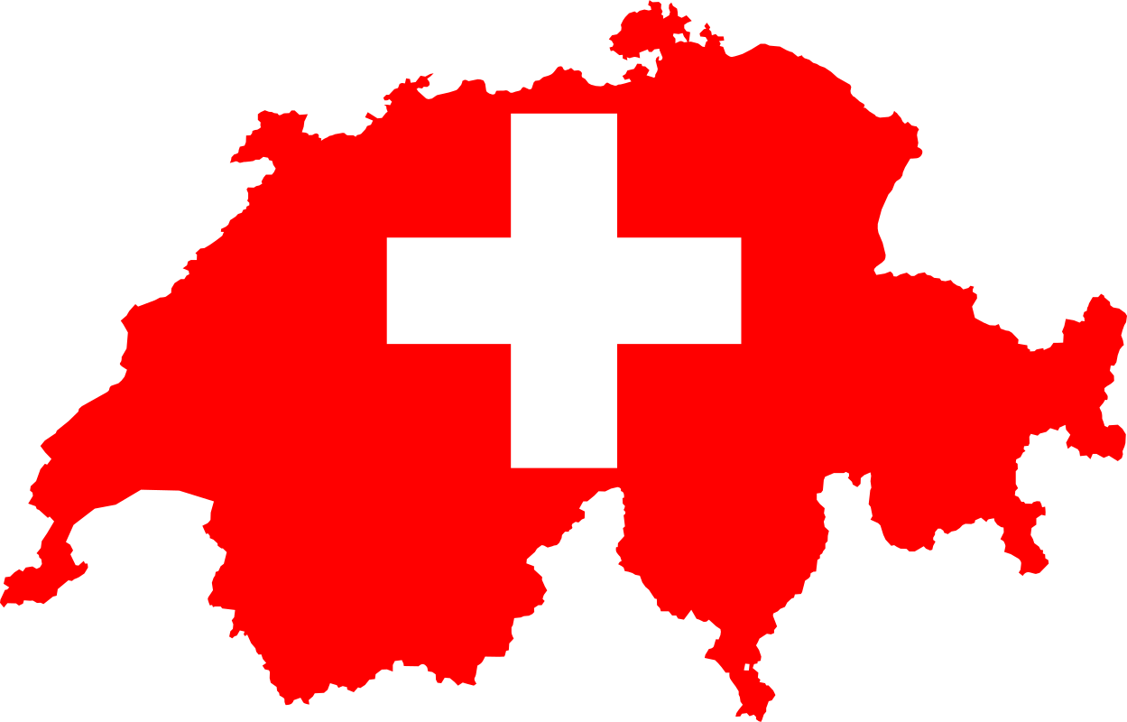 Map of Switzerland with red fill and a white cross in the center.
