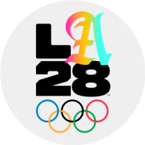 Logo for the 2028 Olympic Games featuring the words 'LA 28' with a colorful flame and the Olympic rings.