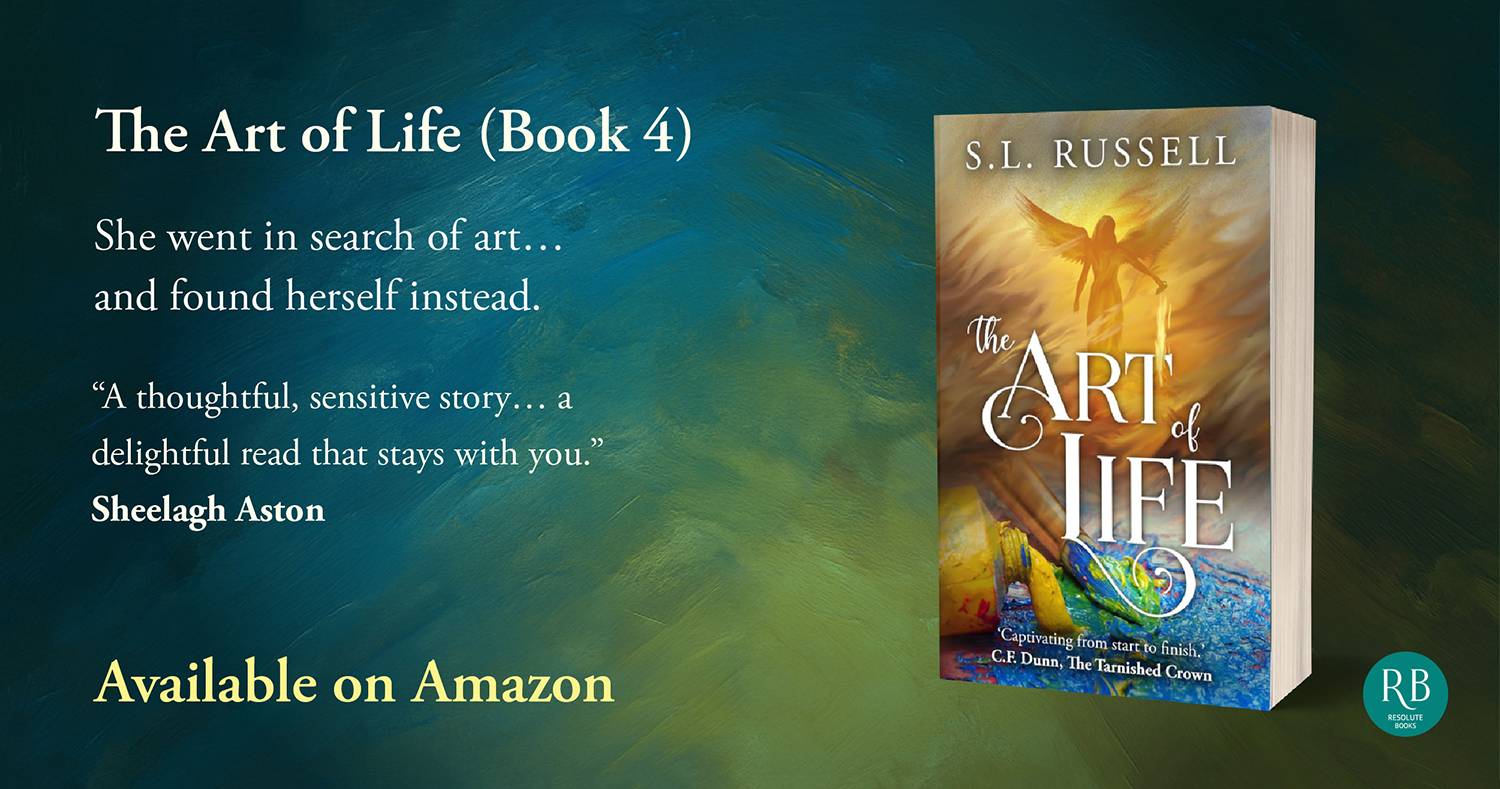Book cover of 'The Art of Life' by S. L. Russell. The cover features an angel with wings, standing against a background of warm, glowing clouds and a textured, colorful surface nearby.