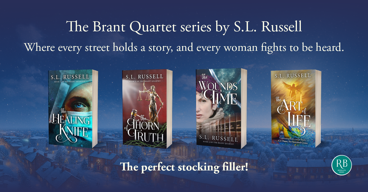 Book cover images of four novels by S.L. Russell, titled 'The Healing Knife,' 'The Thorn of Truth,' 'The Wounds of Time,' and 'The Art of Life,' displayed against a starry night sky background promoting the Brant Quartet series.