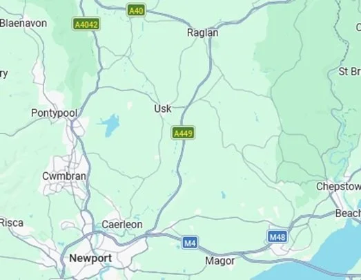 Map showing towns including Newport, Caerleon, Risca, Usk, Raglan, Pontypool, and Chepstow in Wales, with roads A40, A4042, A449, M48, and M4.