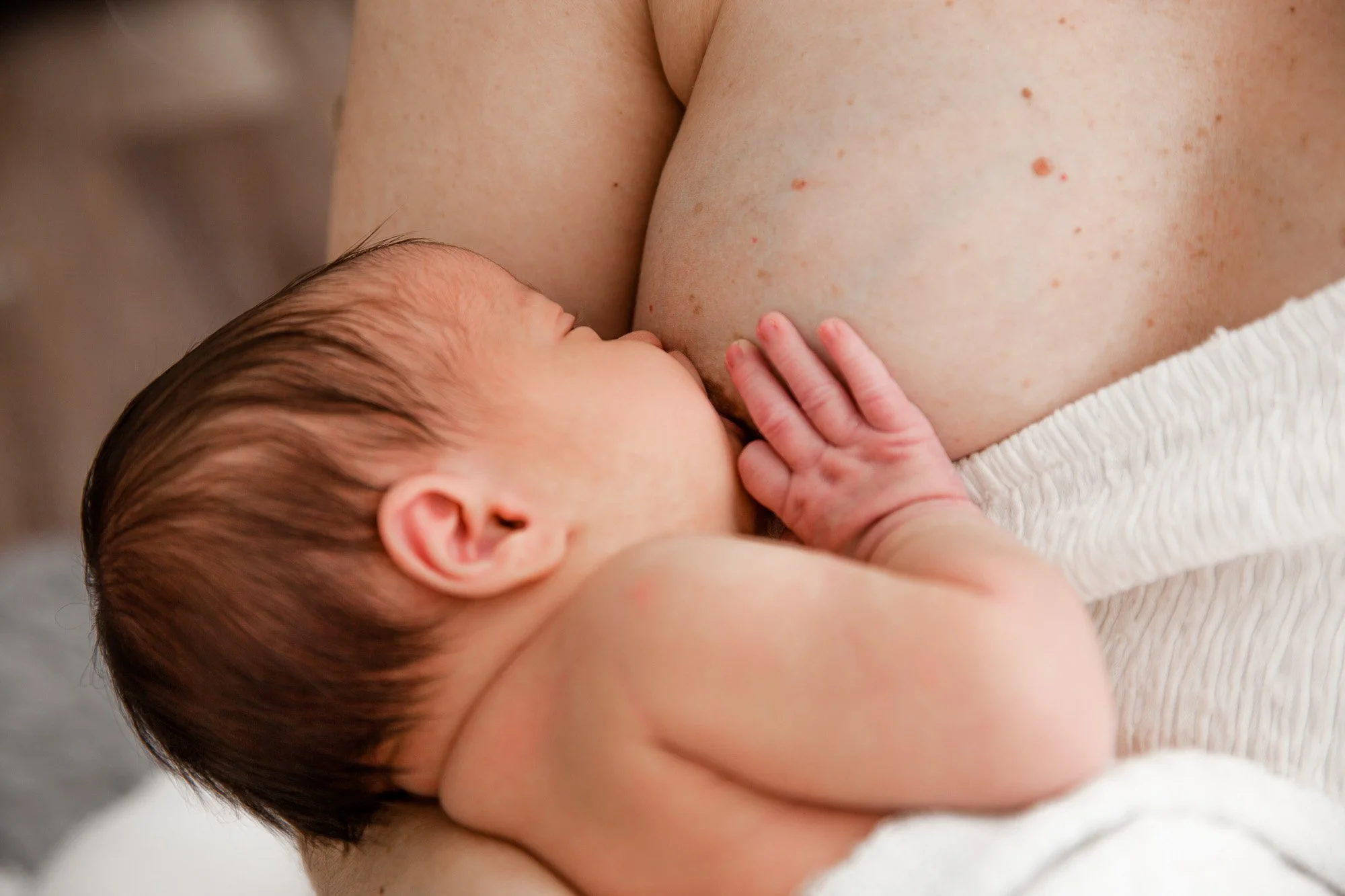 A newborn baby breastfeeding.