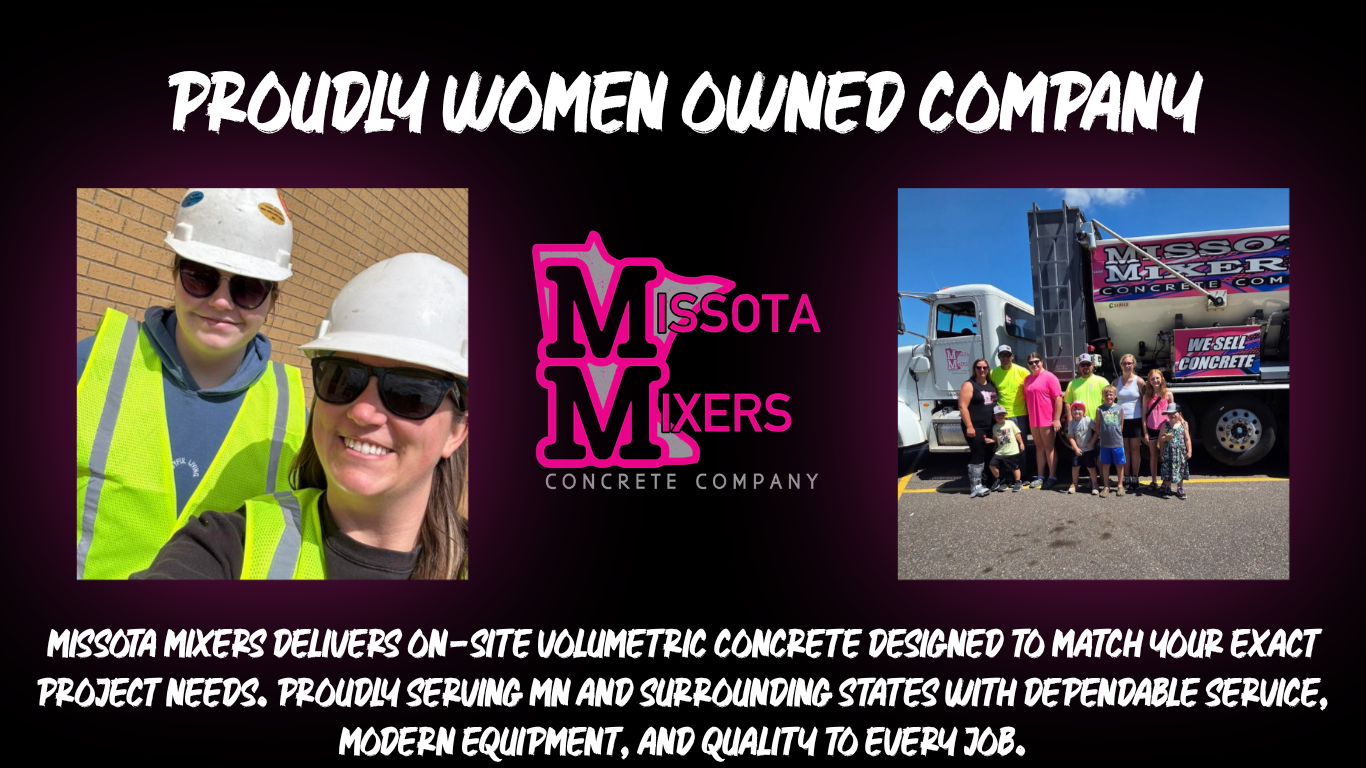 Missota Mixers logo between two images of the concrete company's work: a woman and a man in safety gear, and a group of people in front of a concrete mixer truck.