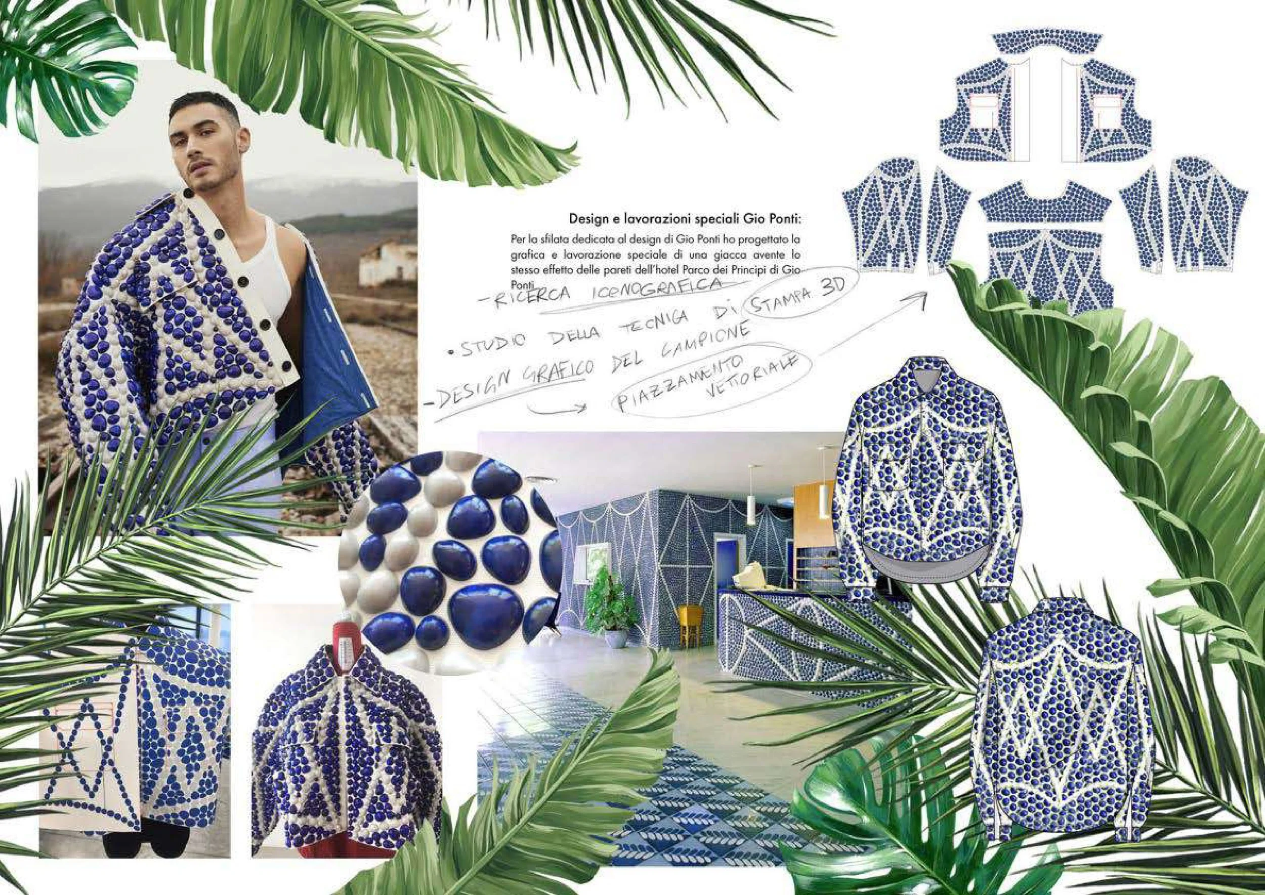 Fashion display featuring a model wearing a blue and white patterned jacket and matching clothing, decorative objects with similar patterns, and notes about designer Gio Ponti, overlaid with tropical green leaves.