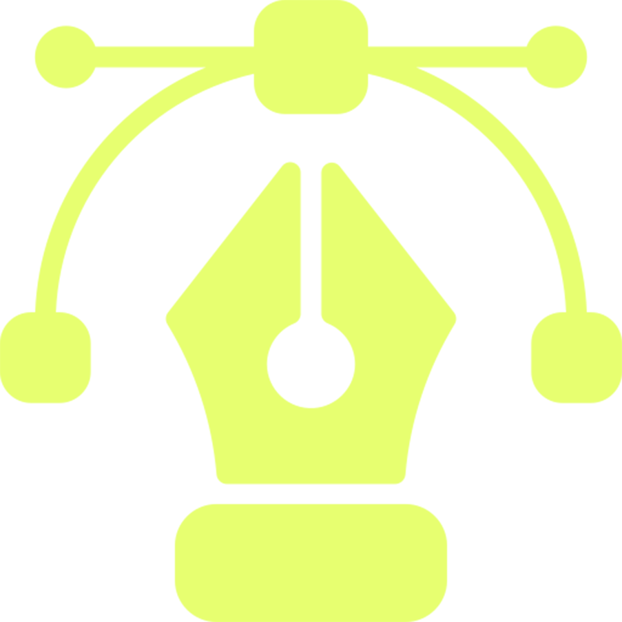 A lime green graphic combining a fountain pen nib and a vector graphic editing tool.