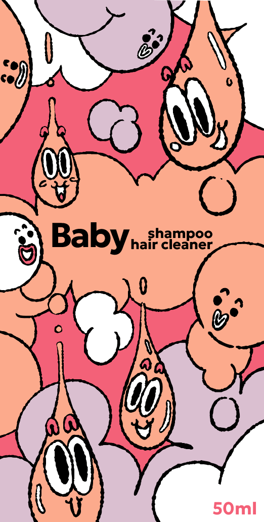 Cartoon illustration of smiling soap bubbles and water drops with happy faces, advertising Baby shampoo and hair cleaner, 50ml.