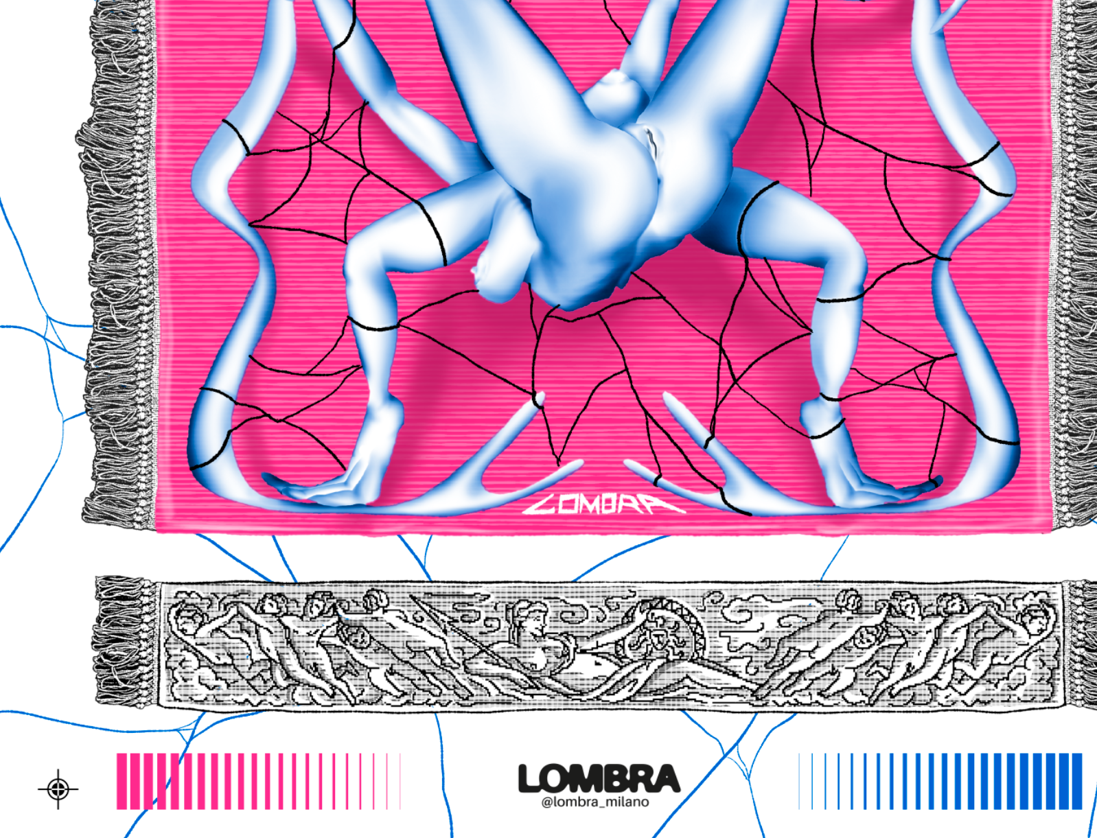 A detailed cross-sectional illustration of human brain veins and arteries, with the word 'LOMBRA' and social media handle '@lombra_milano' on a pink and black patterned background.