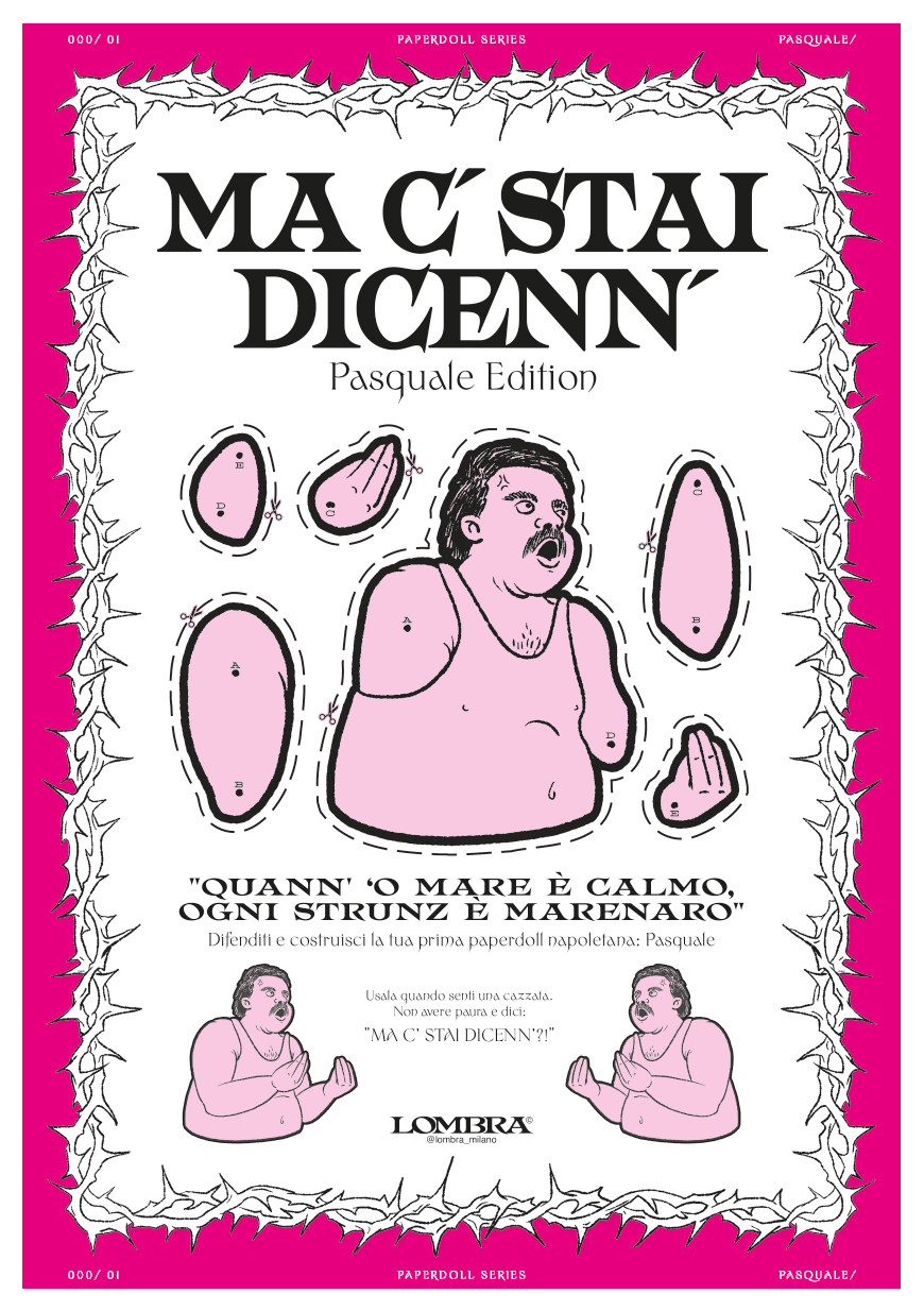 Pink illustrated paper doll with a man resembling a famous Italian singer, surrounded by cut-out clothing pieces, held together with pins, and two smaller illustrations of the same man making a gesture. Italian text on the cover.