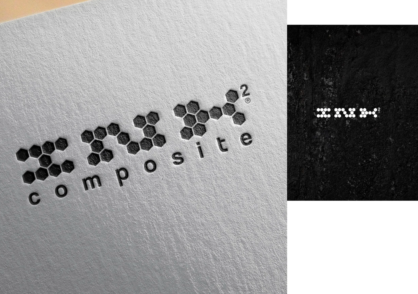 Close-up view of a logo with the word 'composite' in black, lowercase letters, set on a textured white surface. The logo includes honeycomb patterns above and to the right of the text, with the honeycomb pattern on the right side being illuminated and pixelated.
