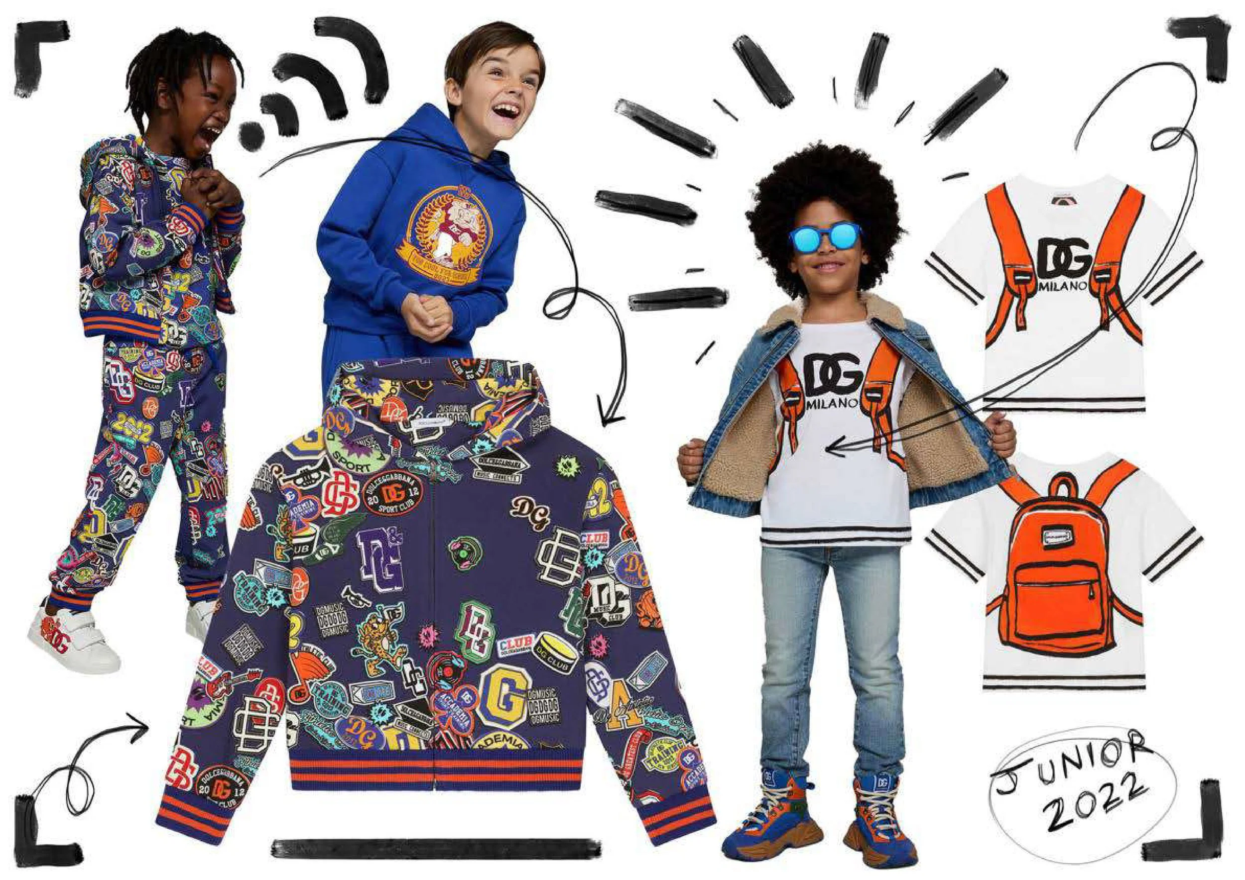Three children wearing colorful clothing and accessories, standing in front of a white background with black doodles and text, including a backpack illustration, a drawn circle with text "JUNIOR 2022," and curly arrows.