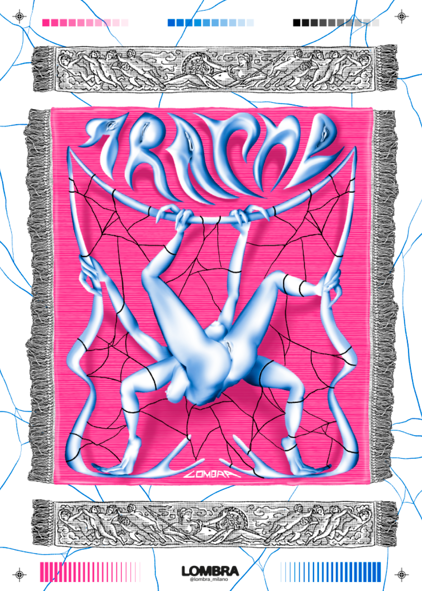 A vibrant, digitally illustrated rug with a pink background featuring a modern, stylized spider web and a blue spider in the center. The word 'TRASH' is written across the top in large, reflective, metallic letters. The rug has traditional gray fring