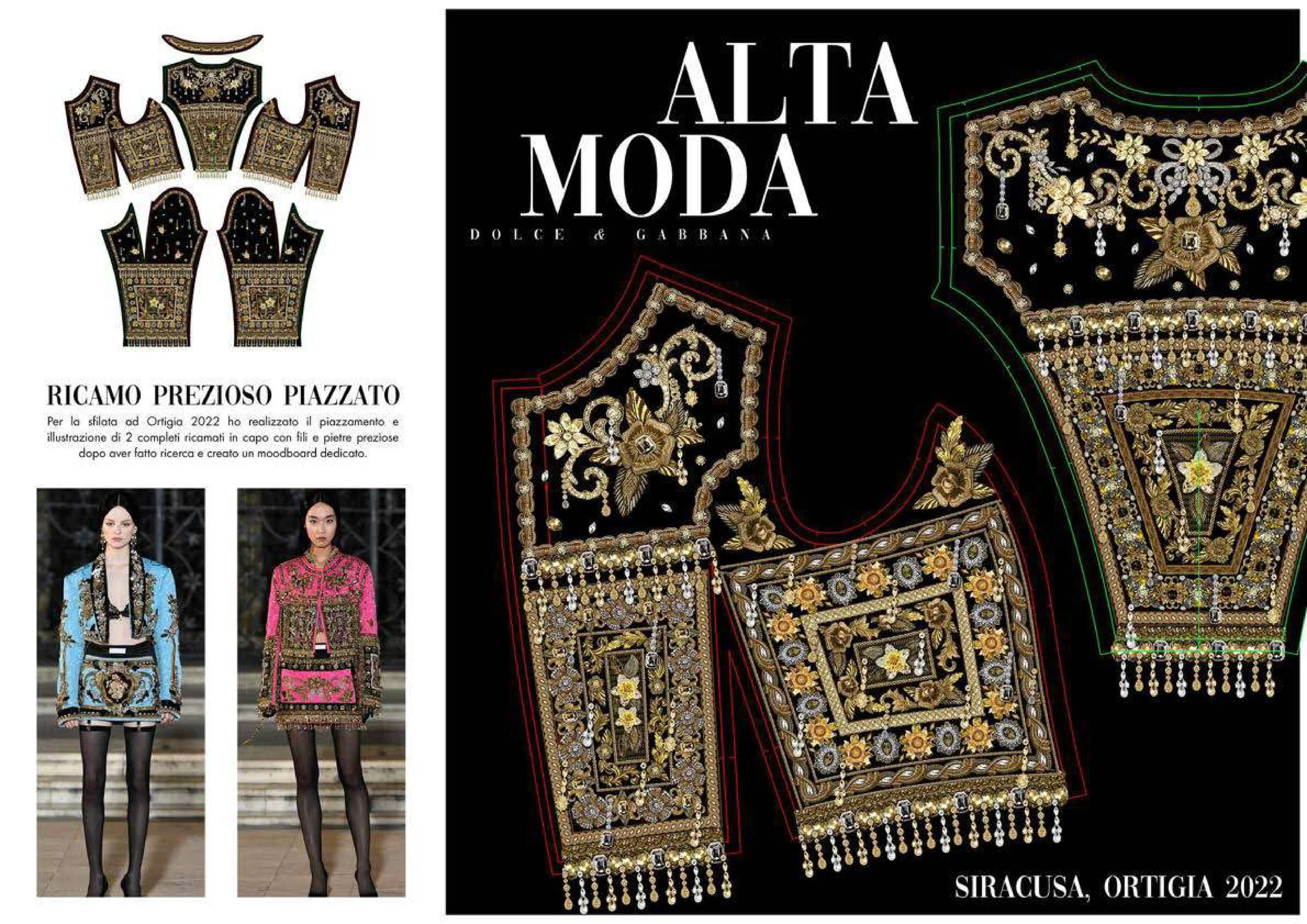 Flyer for Alta Moda Dolce and Gabbana fashion event in Siracusa, Ortigia, 2022, featuring embroidered jewelry designs and models wearing embroidered outfits.