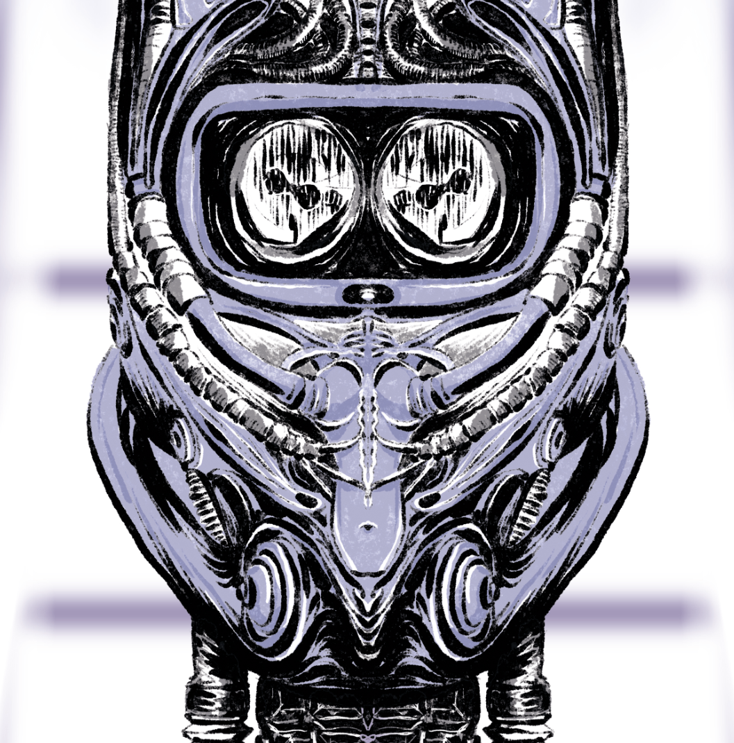 Illustration of a detailed, stylized sci-fi humanoid robot or alien face with intricate mechanical and technological features in black and white with shades of blue.