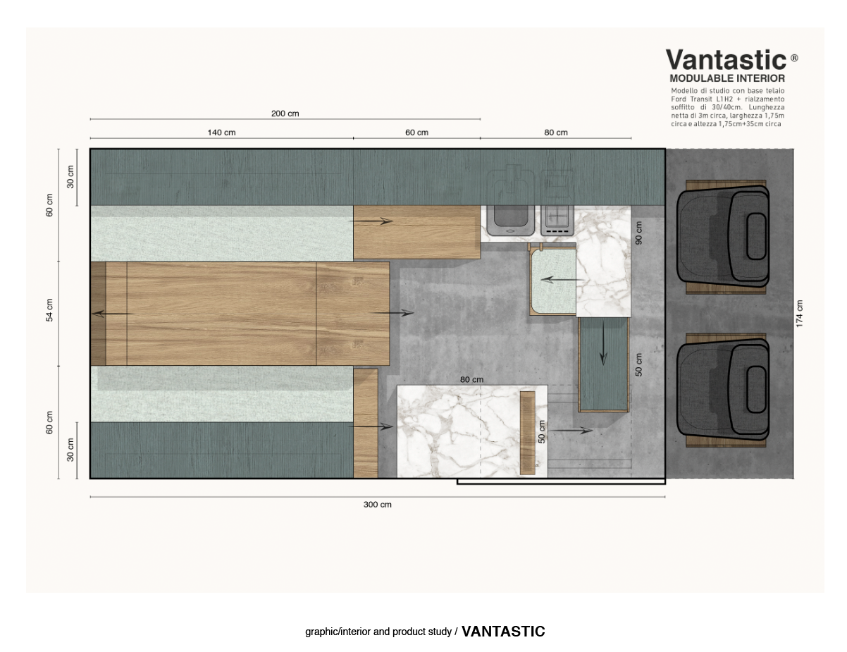 Floor plan of a modular interior space, showing a kitchen with appliances, a countertop, a dining area, and two parked cars outside.