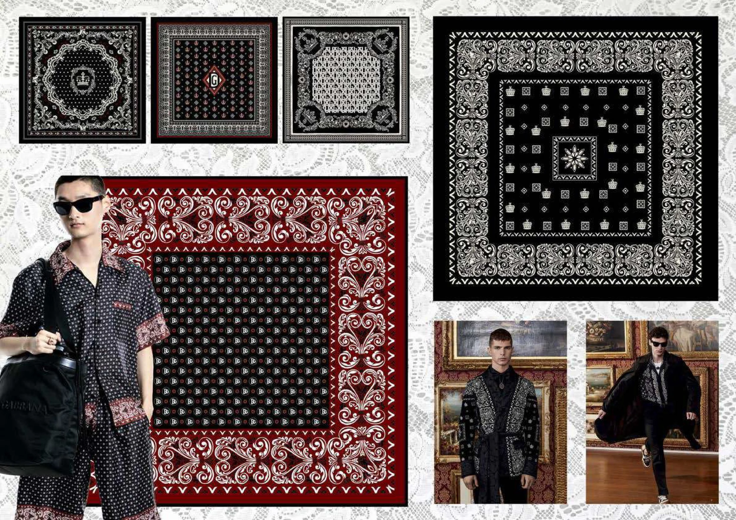 A collage featuring multiple models dressed in black and red clothing, with black and white bandana patterns, set against a background of framed paintings and artistic decor.
