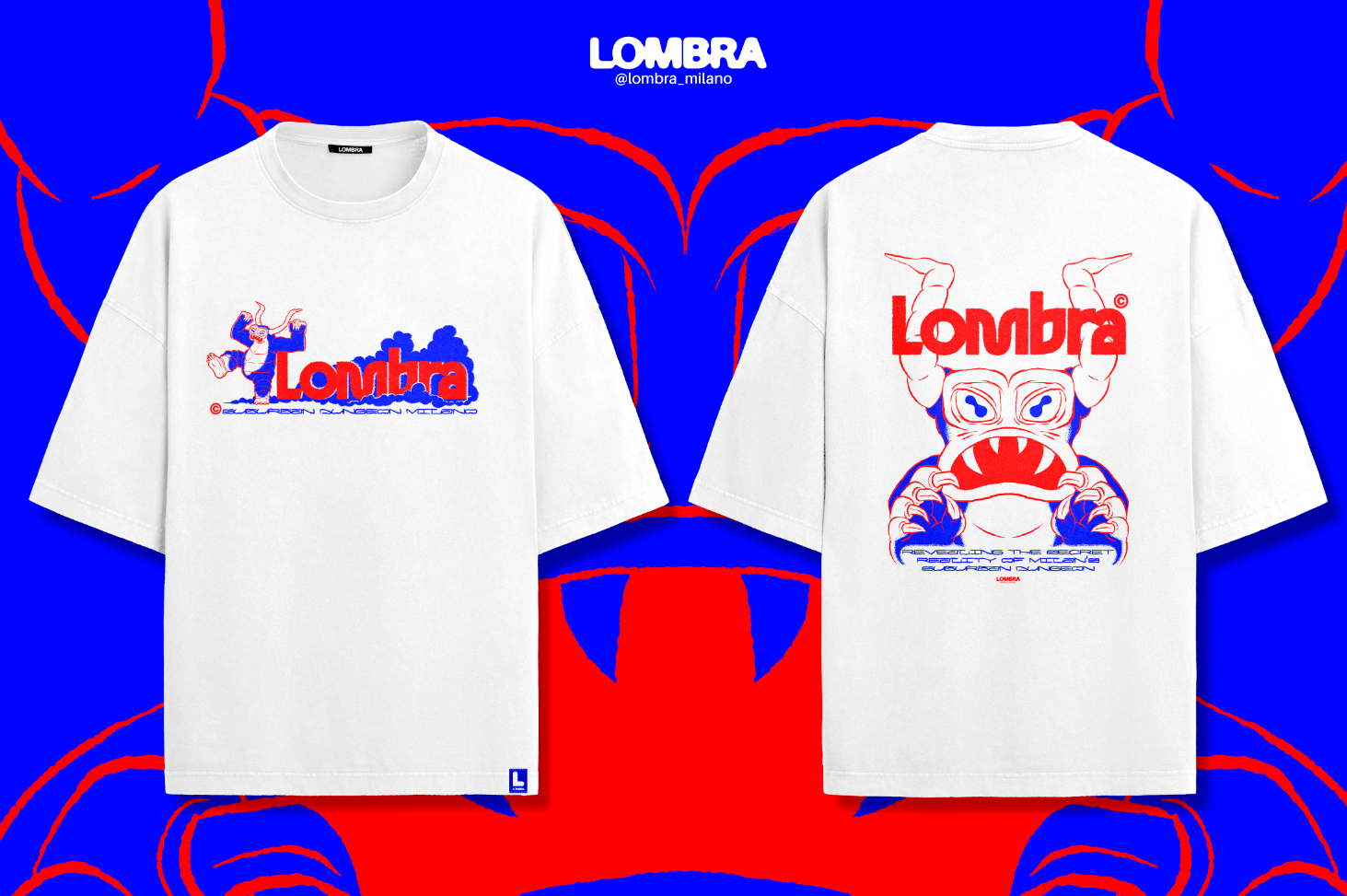 Two white T-shirts with colorful cartoon monster designs and the word "Lombra" printed on the front and back, set against a bold blue and red abstract background.