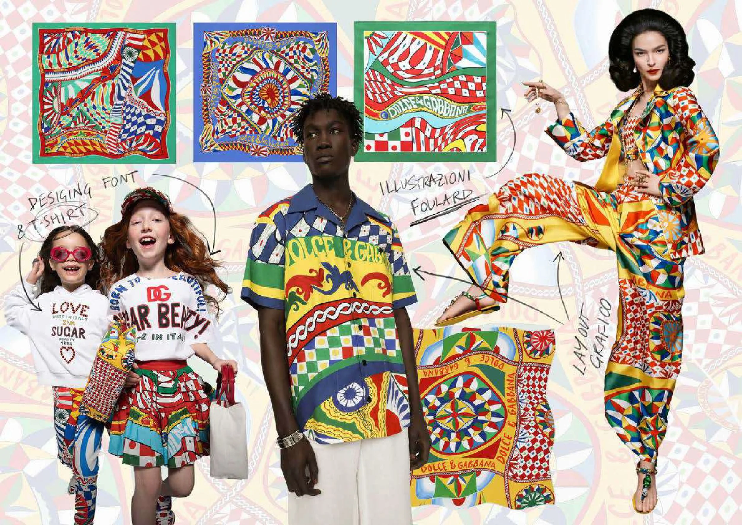 Group of five models wearing colorful, patterned Dolce & Gabbana clothing, standing against a background with similar intricate patterns. The models include children and adults, with the children on the left wearing matching outfits with distinctive text and patterns, and the adult women on the right dressed in vibrant, geometric-printed ensembles.